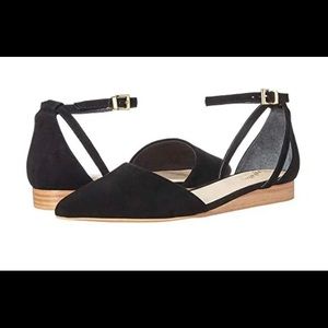 Seychelles Plateau black suede flats w/ankle strap